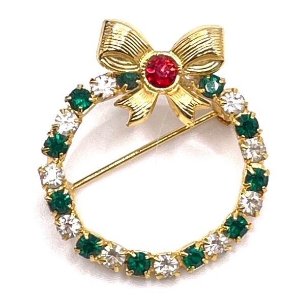 Vintage Unsigned Rhinestone Sleigh Candle Wreath Christmas Pins Brooches 3 - Picture 4 of 7